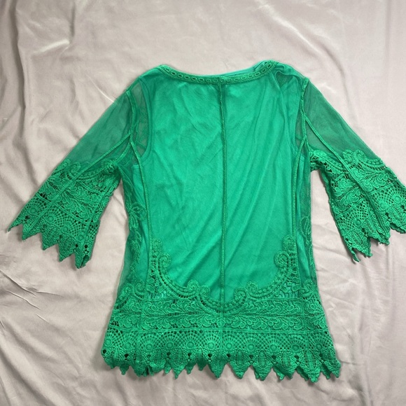 Kelly Green Lace Crochet Top Ultra Pink Boho Statement Blouse Size Small S - Picture 8 of 9